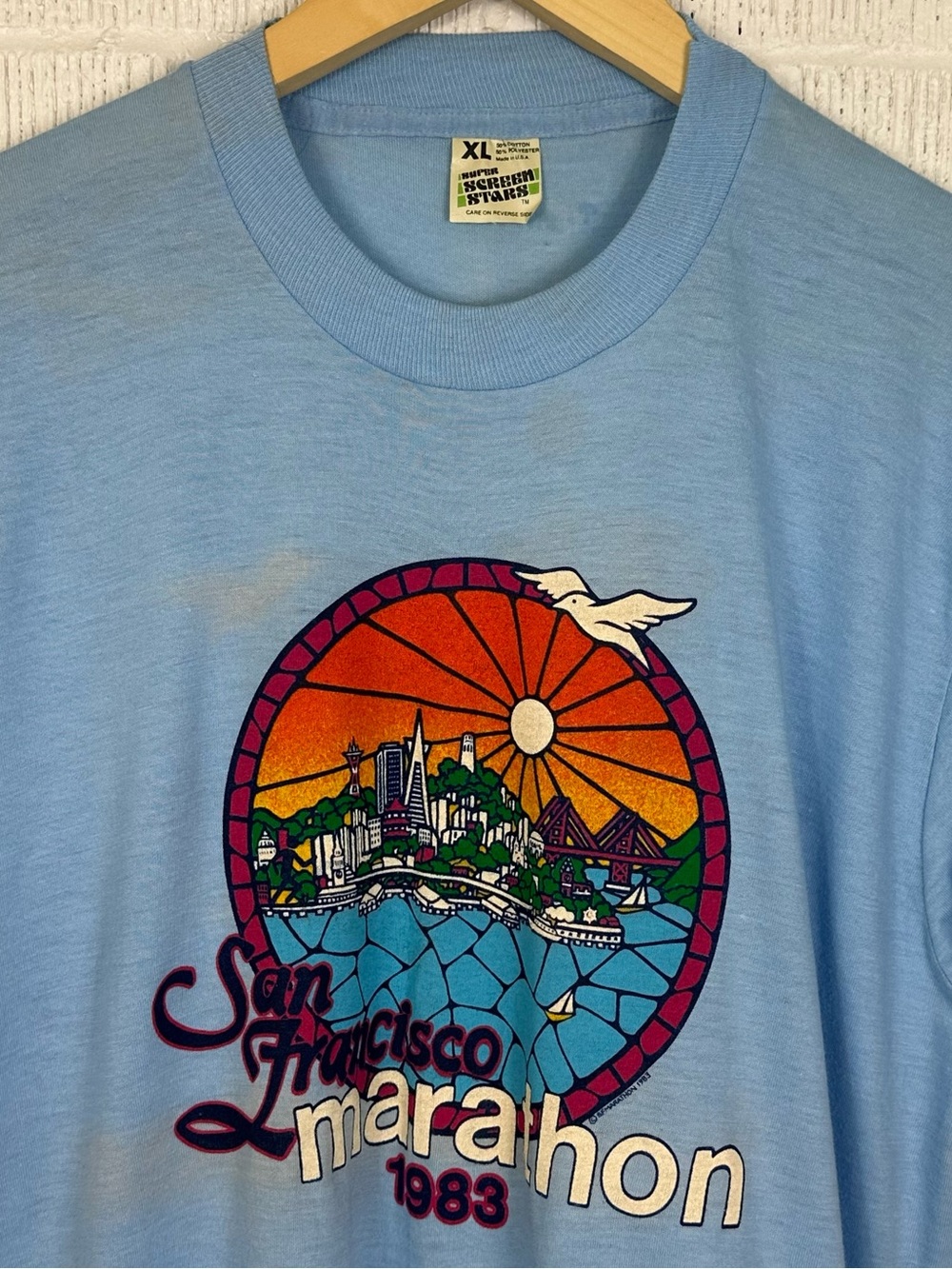 1983 San Francisco Marathon Blue Screen Stars Stained Glass Asics Tee T-Shirt XL